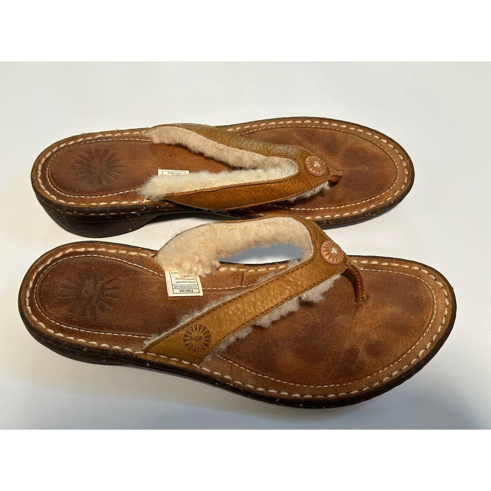 UGG Women's Tan Leather Shearling Fleece Lined Thong Sandal Rubber Sole Size 7 - Picture 7 of 10